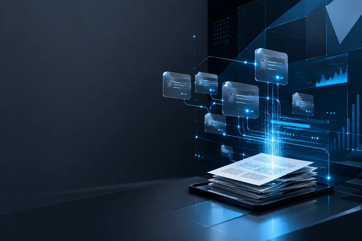 Visual editorial sobre documentos, dados e automação tributária