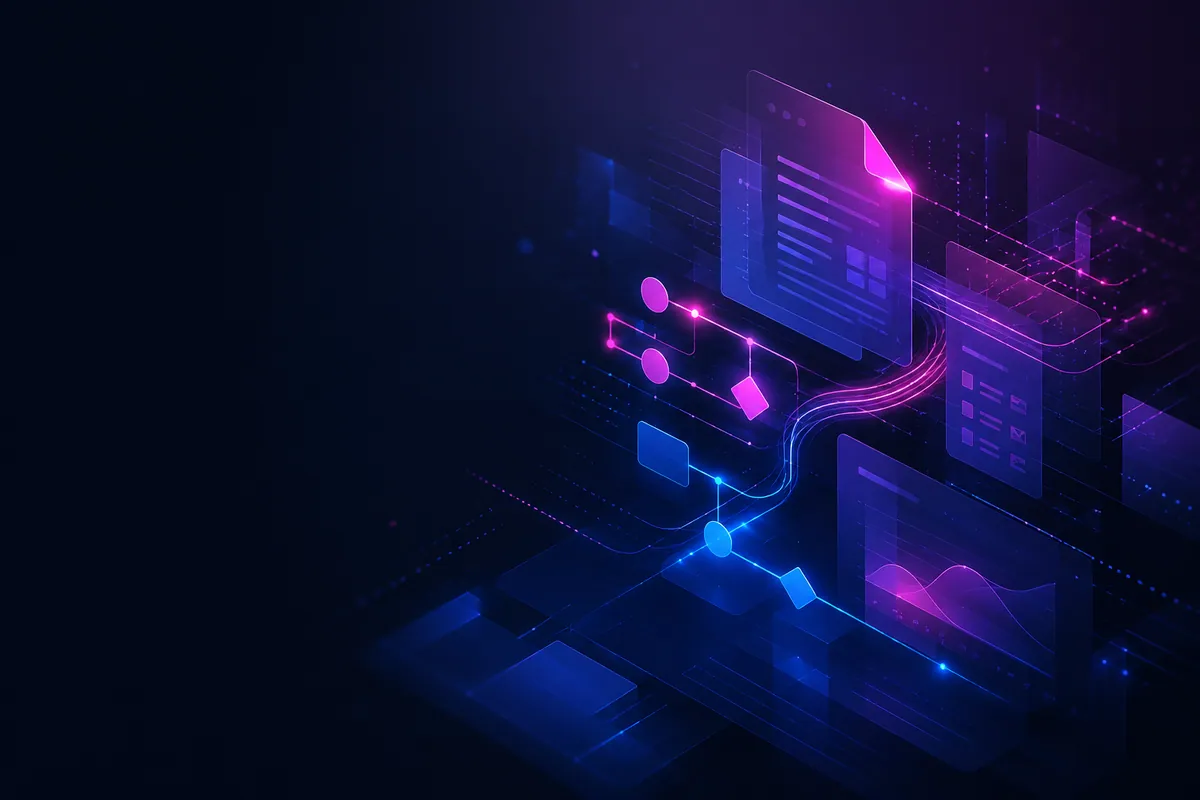 Visual editorial sobre documentos, dados e automação tributária