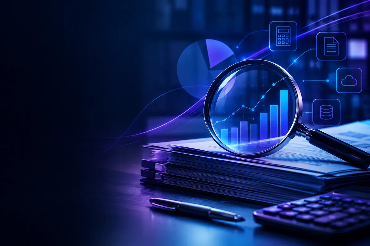 Visual editorial sobre documentos, dados e automação tributária