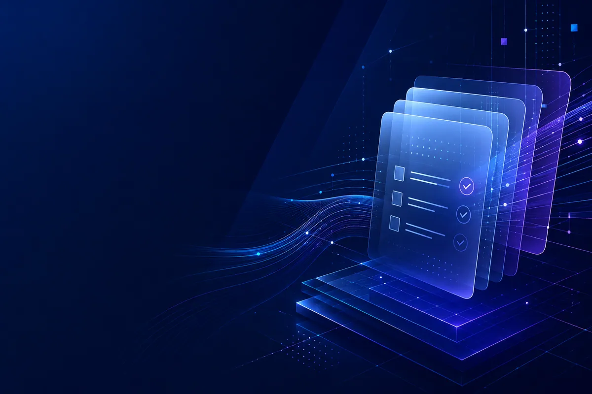 Visual editorial sobre documentos, dados e automação tributária