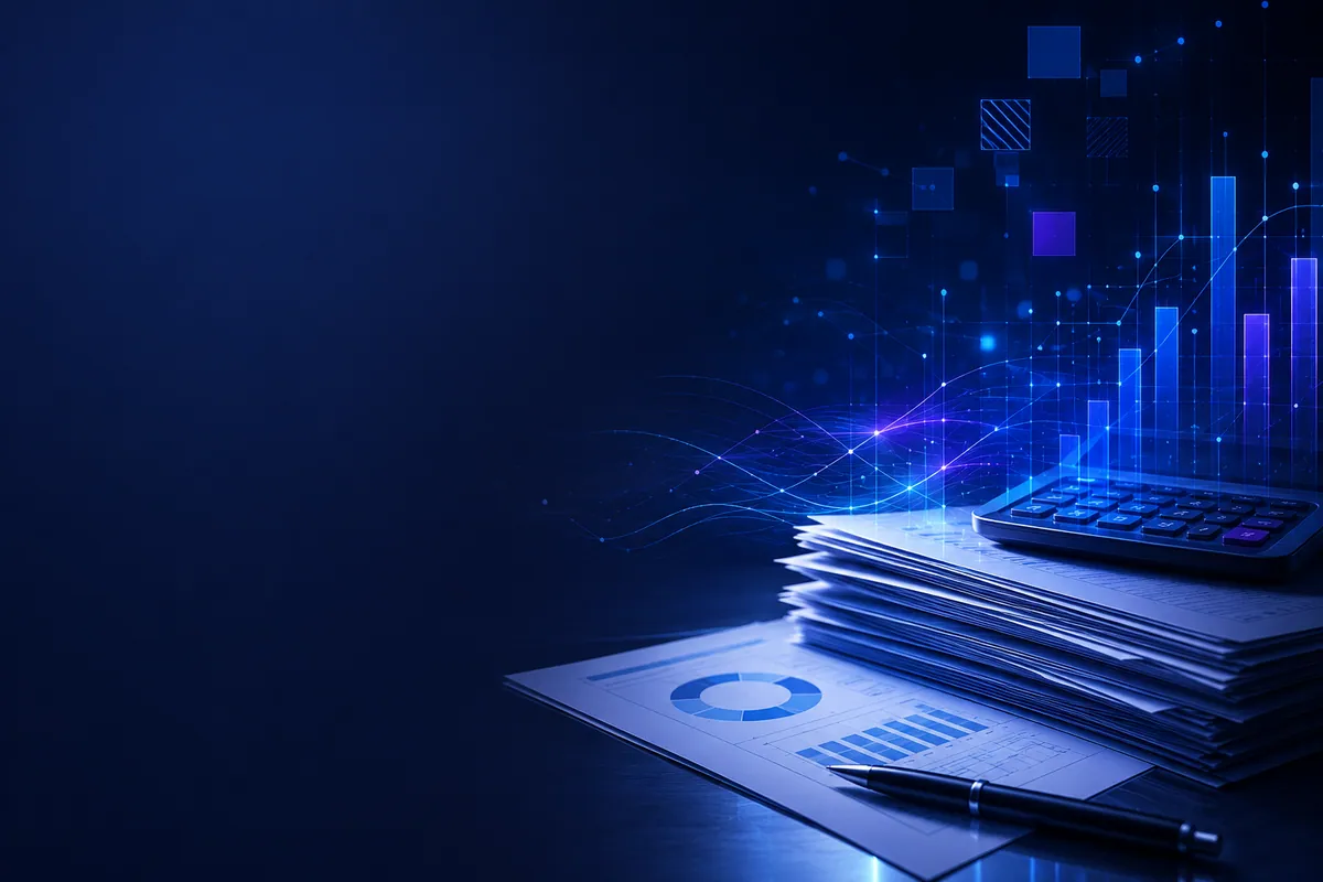 Visual editorial sobre documentos, dados e automação tributária