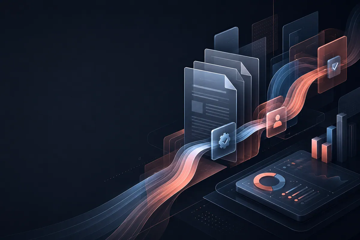 Visual editorial sobre documentos, dados e automação tributária